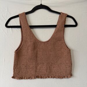 Love Tree Womens Boho Smocked Crop Tank Top Size L Brown Stretch Casual Chic